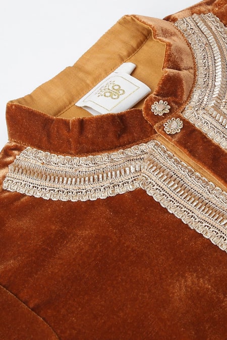 Shop_Byb Premium_Brown Velvet, Cotton Satin Embroidery Mandarin Collar Kurta Set _Online_at_Aza_Fashions