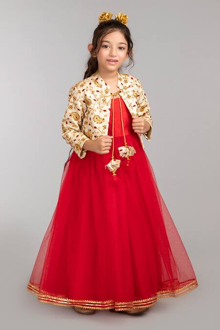 Byb Premium Red Tulle, Silk, Cotton Gota Patti, Embroidery Dress With Jacket