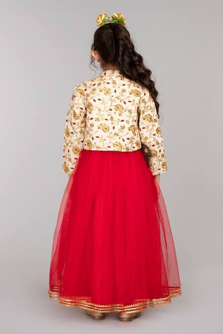 Shop Byb Premium Red Tulle, Silk, Cotton Gota Patti, Embroidery Dress With Jacket at Aza Fashions Shop_Byb Premium_Red Tulle, Silk, Cotton Gota Patti, Embroidery Dress With Jacket_at_Aza_Fashions