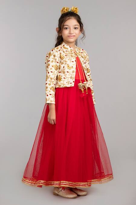 Byb Premium Red Tulle, Silk, Cotton Gota Patti, Embroidery Dress With Jacket Online at Aza Fashions Byb Premium_Red Tulle, Silk, Cotton Gota Patti, Embroidery Dress With Jacket_Online_at_Aza_Fashions