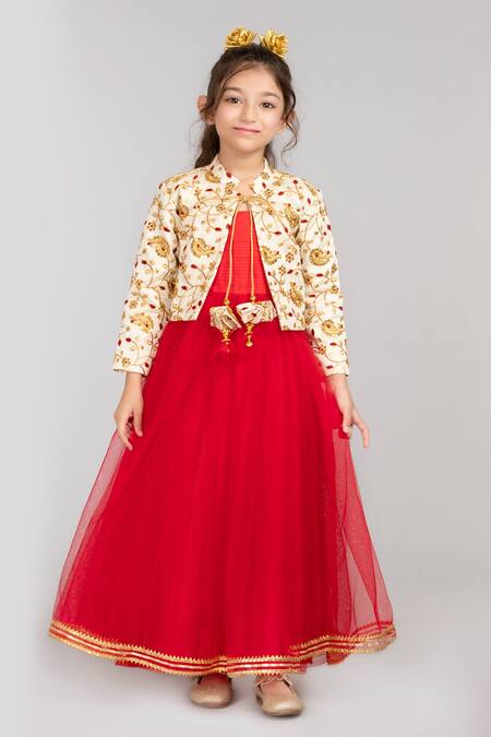 Buy Byb Premium Red Tulle, Silk, Cotton Gota Patti, Embroidery Dress With Jacket Online at Aza Fashions Buy_Byb Premium_Red Tulle, Silk, Cotton Gota Patti, Embroidery Dress With Jacket_Online_at_Aza_Fashions