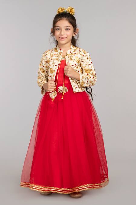 Shop Byb Premium Red Tulle, Silk, Cotton Gota Patti, Embroidery Dress With Jacket Online at Aza Fashions Shop_Byb Premium_Red Tulle, Silk, Cotton Gota Patti, Embroidery Dress With Jacket_Online_at_Aza_Fashions