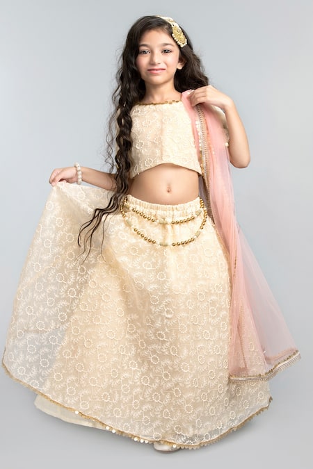 Byb Premium Cream Cotton Blend Embroidered And Embellished Thread & Sequin Floral Lehenga Set 