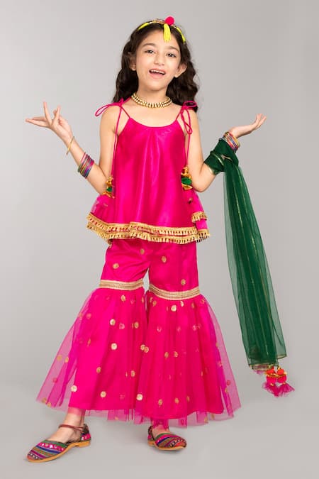 Byb Premium Fuchsia Cotton Viscose Embroidered And Embellished Sequin Flared Kurta Gharara Set 