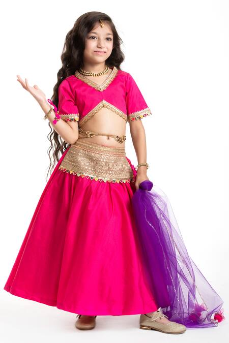 Buy_Byb Premium_Fuchsia Silk Lace, Sequins, Gota Patti Embellished Lehenga Set _Online_at_Aza_Fashions