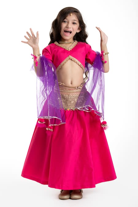 Shop_Byb Premium_Fuchsia Silk Lace, Sequins, Gota Patti Embellished Lehenga Set _Online_at_Aza_Fashions