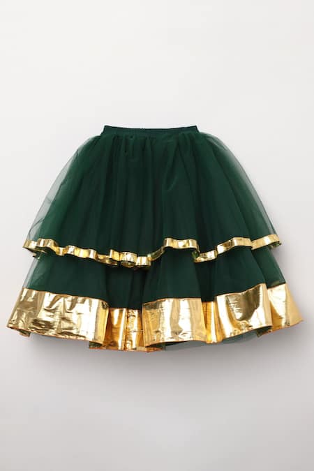 Byb Premium_Gold Jacquard, Cotton, Polyester, Tulle Halter Neck Choli Layered Lehenga Set _Online_at_Aza_Fashions