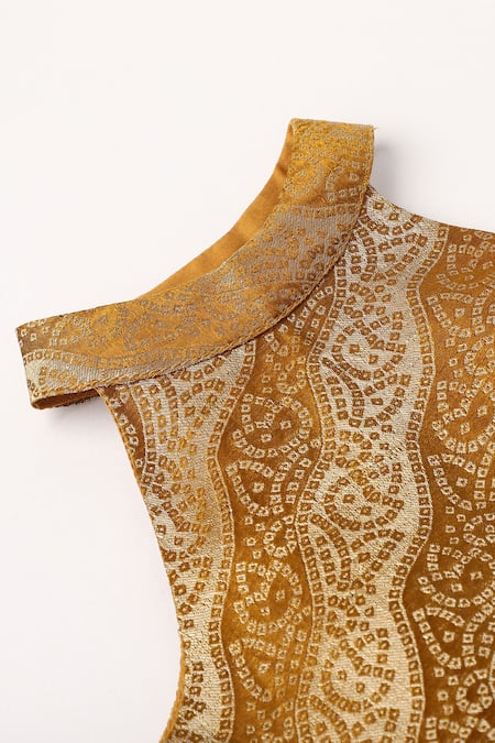 Shop_Byb Premium_Gold Jacquard, Cotton, Polyester, Tulle Halter Neck Choli Layered Lehenga Set _Online_at_Aza_Fashions