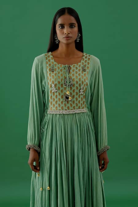 Shop 5elements Green 100% Cotton With Silk Brocade Yoke Embellishment Brooch Round Anarkali Set Online at Aza Fashions Shop_5elements_Green 100% Cotton With Silk Brocade Yoke Embellishment Brooch Round Anarkali Set _Online_at_Aza_Fashions