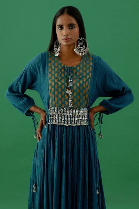 Shop 5elements Blue 100% Cotton With Silk Brocade Yoke Paisley Woven Anarkali Set Online at Aza Fashions Shop_5elements_Blue 100% Cotton With Silk Brocade Yoke Paisley Woven Anarkali Set _Online_at_Aza_Fashions