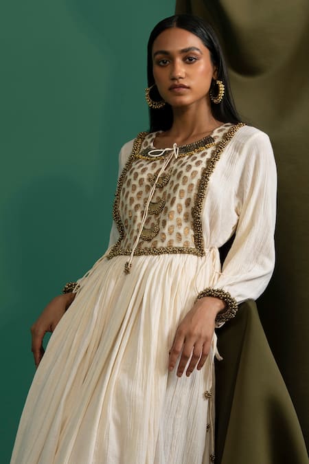 Buy 5elements Off White 100% Cotton With Silk Brocade Yoke Ghungroo Anarkali And Pant Set Online at Aza Fashions Buy_5elements_Off White 100% Cotton With Silk Brocade Yoke Ghungroo Anarkali And Pant Set _Online_at_Aza_Fashions