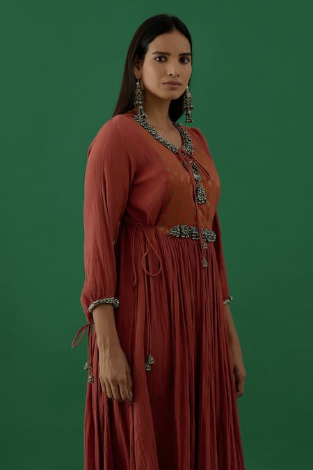 Buy_5elements_Brown 100% Cotton With Silk Brocade Yoke Ghungroo Neckline Anarkali Set _Online_at_Aza_Fashions