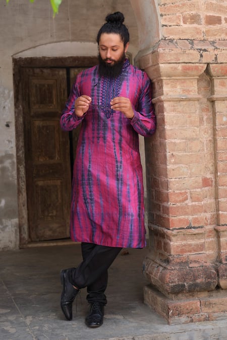 Shop_Nitesh Singh Chauhan_Purple Art Silk Tie And Dye Kurta Set _Online_at_Aza_Fashions