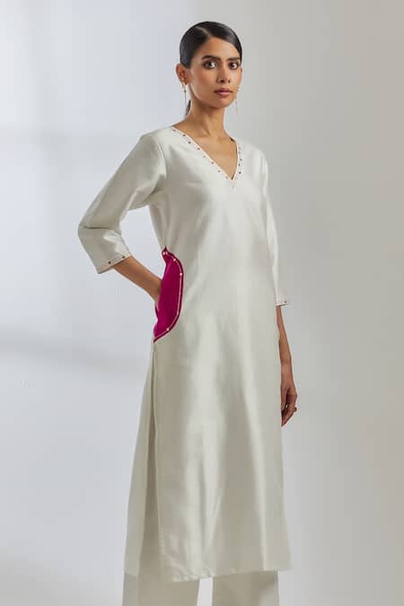 Shop_The Indian Cause_White Raw Silk Sequin V Neck Mira Kurta And Palazzo Set_Online_at_Aza_Fashions