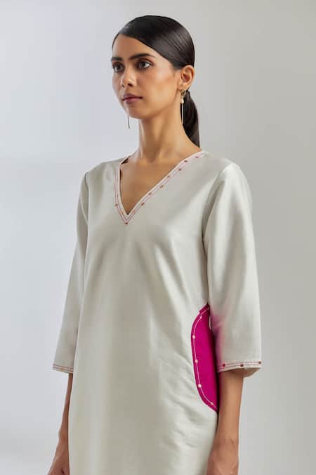 The Indian Cause_White Raw Silk Sequin V Neck Mira Kurta And Palazzo Set_at_Aza_Fashions