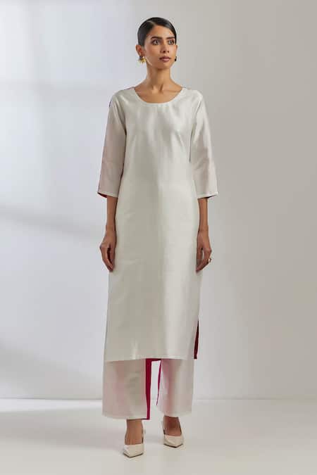 The Indian Cause_White Raw Silk Sequin Round Colorblock Kurta_Online_at_Aza_Fashions