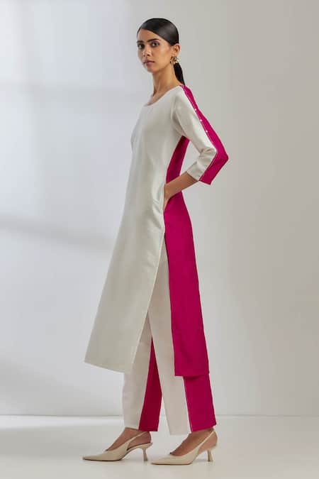 Buy_The Indian Cause_White Raw Silk Sequin Round Colorblock Kurta_Online_at_Aza_Fashions