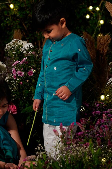 Shop_Love The World Today_Green Handloom Cotton, Silk Zari Jugnu Handwoven Kurta_Online_at_Aza_Fashions