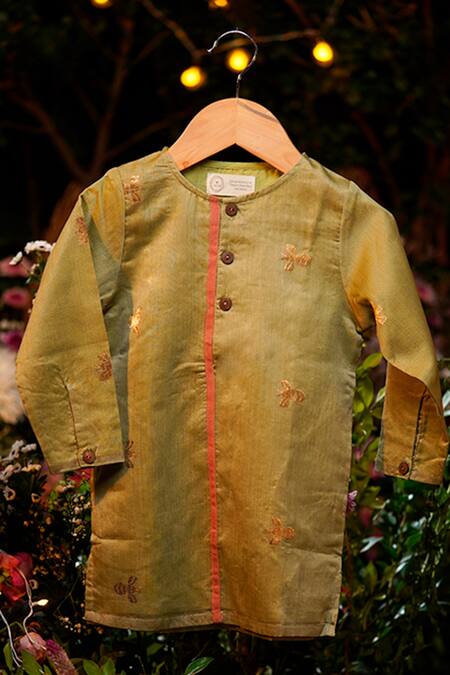 Love The World Today_Green Handloom Cotton, Silk Zari Shahad Handwoven Kurta_Online_at_Aza_Fashions