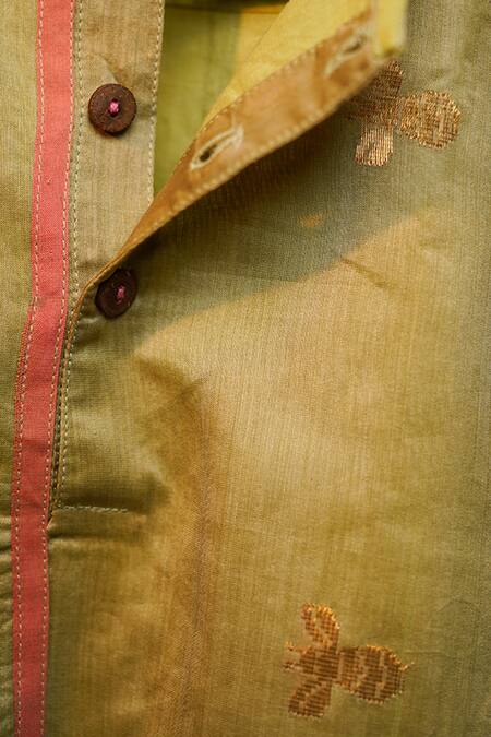 Shop_Love The World Today_Green Handloom Cotton, Silk Zari Shahad Handwoven Kurta_Online_at_Aza_Fashions