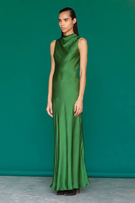 Sruti Dalmia_Green Pure Silk Satin Cowl Neck Dress_Online_at_Aza_Fashions