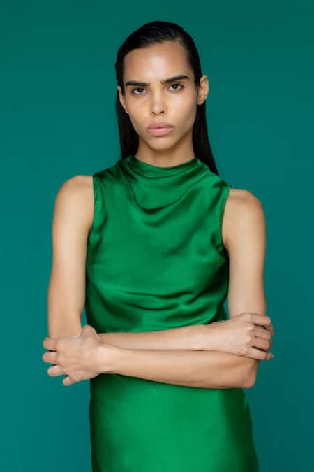 Buy_Sruti Dalmia_Green Pure Silk Satin Cowl Neck Dress_Online_at_Aza_Fashions
