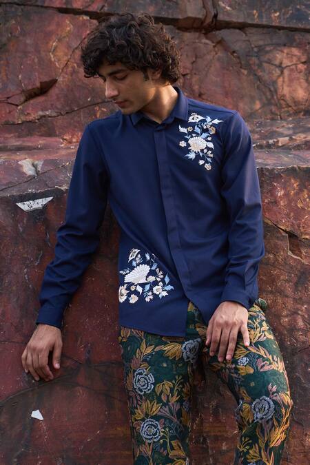 Shop_Dash And Dot_Blue 2% Lycra, 35% Viscose, 63% Polyester Thread Work Floral Embroidered Shirt_Online_at_Aza_Fashions