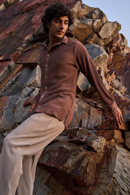 Dash And Dot_Beige 100% Recycled Polyester Pleated Textured Pant Set_at_Aza_Fashions