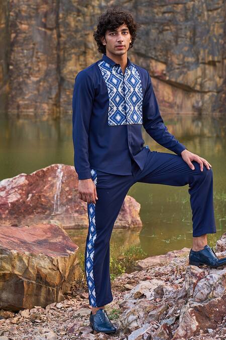 Dash And Dot_Blue 2% Lycra, 35% Viscose, 63% Polyester Geometric Pattern Jacquard Pant Set_at_Aza_Fashions