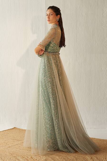 Cedar & Pine_Blue Tulle, Velvet Sequin, Tassel Round Embroidered Gown _Online_at_Aza_Fashions