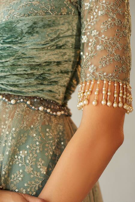 Buy_Cedar & Pine_Blue Tulle, Velvet Sequin, Tassel Round Embroidered Gown _Online_at_Aza_Fashions