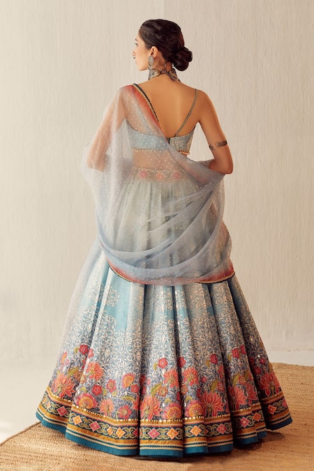 Shop Cedar & Pine Blue Organza, Dupion Floral, Mirror Deep Flower On The Lake Printed Lehenga Set at Aza Fashions Shop_Cedar & Pine_Blue Organza, Dupion Floral, Mirror Deep Flower On The Lake Printed Lehenga Set _at_Aza_Fashions