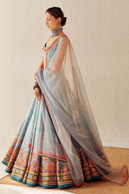 Cedar & Pine Blue Organza, Dupion Floral, Mirror Deep Flower On The Lake Printed Lehenga Set Online at Aza Fashions Cedar & Pine_Blue Organza, Dupion Floral, Mirror Deep Flower On The Lake Printed Lehenga Set _Online_at_Aza_Fashions