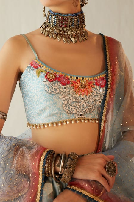 Buy Cedar & Pine Blue Organza, Dupion Floral, Mirror Deep Flower On The Lake Printed Lehenga Set Online at Aza Fashions Buy_Cedar & Pine_Blue Organza, Dupion Floral, Mirror Deep Flower On The Lake Printed Lehenga Set _Online_at_Aza_Fashions