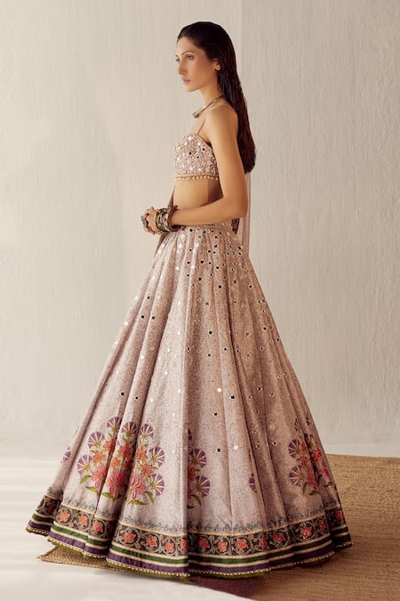 Cedar & Pine_Grey Organza, Dupion Floral, Mirror Kashmir Bouquet Embroidered Lehenga Set _Online_at_Aza_Fashions