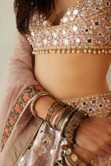 Buy_Cedar & Pine_Grey Organza, Dupion Floral, Mirror Kashmir Bouquet Embroidered Lehenga Set _Online_at_Aza_Fashions