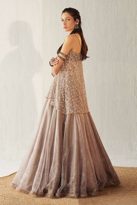 Cedar & Pine_Grey Organza, Tulle Floral, Pearl, Sequin Deep Embroiodered Lehenga And Top Set _Online_at_Aza_Fashions