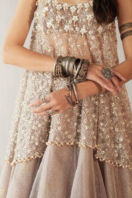 Buy_Cedar & Pine_Grey Organza, Tulle Floral, Pearl, Sequin Deep Embroiodered Lehenga And Top Set _Online_at_Aza_Fashions