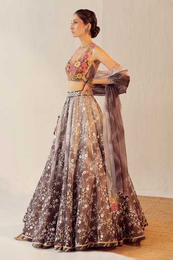 Cedar & Pine_Grey Organza, Tulle Floral, Mirror Round Winter Bloom Embroidered Lehenga Set_Online_at_Aza_Fashions