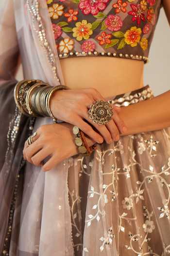 Buy_Cedar & Pine_Grey Organza, Tulle Floral, Mirror Round Winter Bloom Embroidered Lehenga Set_Online_at_Aza_Fashions