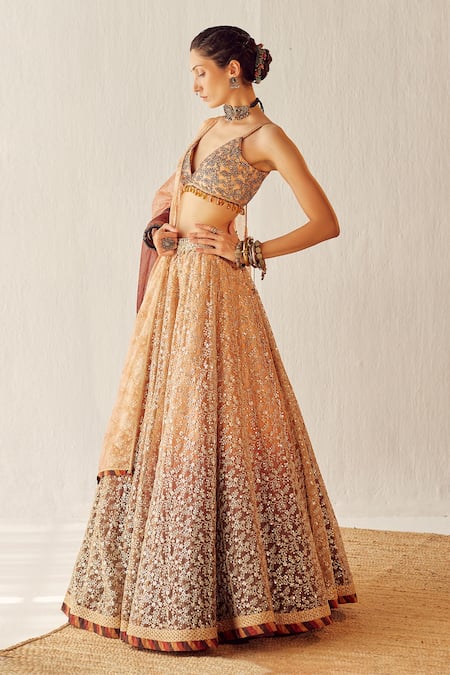 Cedar & Pine Gold Organza, Tulle Floral, Sequin V Neck Autumn Embroidered Lehenga Set Online at Aza Fashions Cedar & Pine_Gold Organza, Tulle Floral, Sequin V Neck Autumn Embroidered Lehenga Set _Online_at_Aza_Fashions