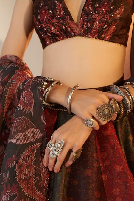 Buy_Cedar & Pine_Multi Color Organza, Velvet, Dupion Jamewaar Impression Printed Lehenga Set _Online_at_Aza_Fashions