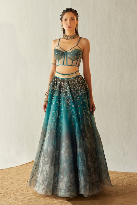 Cedar & Pine_Blue Organza, Tulle Rhinestone, Zari V Neck Embroidered Skirt And Corset Set _Online_at_Aza_Fashions