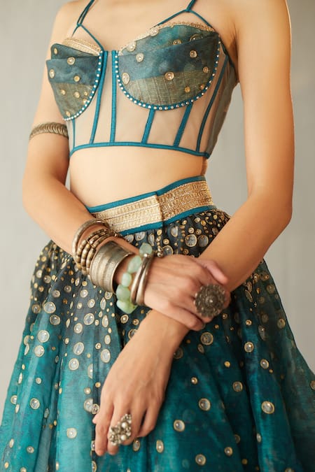 Buy_Cedar & Pine_Blue Organza, Tulle Rhinestone, Zari V Neck Embroidered Skirt And Corset Set _Online_at_Aza_Fashions