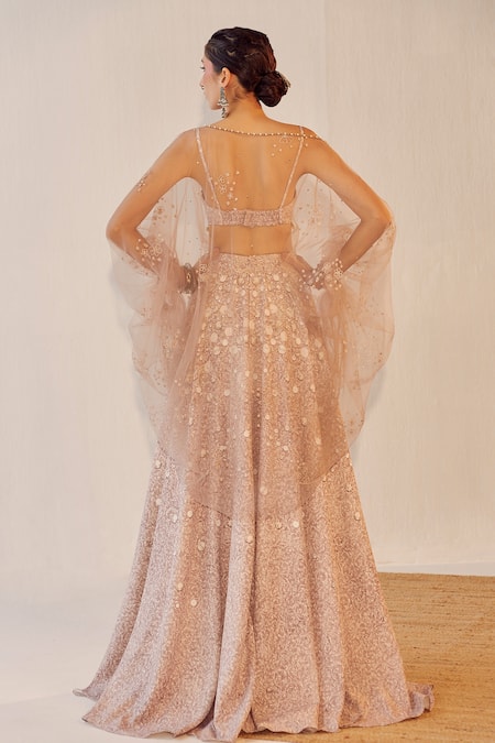 Shop Cedar & Pine Pink Tulle, Crepe Floral, Sequin, Fern Blouse Embroidered And Skirt Set at Aza Fashions Shop_Cedar & Pine_Pink Tulle, Crepe Floral, Sequin, Fern Blouse Embroidered And Skirt Set _at_Aza_Fashions