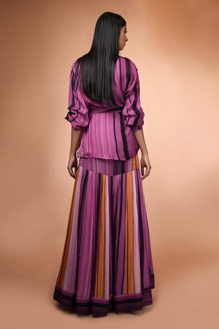 Shop Nikita Mhaisalkar Purple Organza, Georgette Notched Collar Striped Jacket And Skirt Set at Aza Fashions Shop_Nikita Mhaisalkar_Purple Organza, Georgette Notched Collar Striped Jacket And Skirt Set _at_Aza_Fashions
