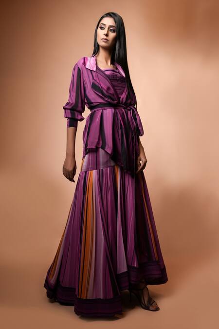 Nikita Mhaisalkar Purple Organza, Georgette Notched Collar Striped Jacket And Skirt Set Online at Aza Fashions Nikita Mhaisalkar_Purple Organza, Georgette Notched Collar Striped Jacket And Skirt Set _Online_at_Aza_Fashions