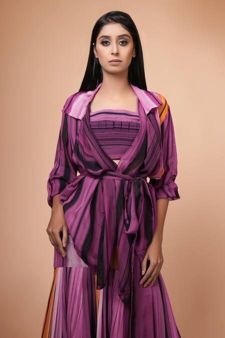 Buy Nikita Mhaisalkar Purple Organza, Georgette Notched Collar Striped Jacket And Skirt Set Online at Aza Fashions Buy_Nikita Mhaisalkar_Purple Organza, Georgette Notched Collar Striped Jacket And Skirt Set _Online_at_Aza_Fashions