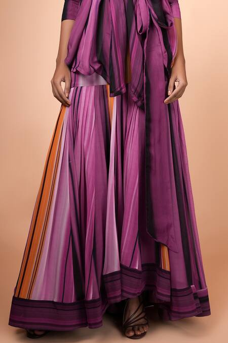 Nikita Mhaisalkar Purple Organza, Georgette Notched Collar Striped Jacket And Skirt Set at Aza Fashions Nikita Mhaisalkar_Purple Organza, Georgette Notched Collar Striped Jacket And Skirt Set _at_Aza_Fashions