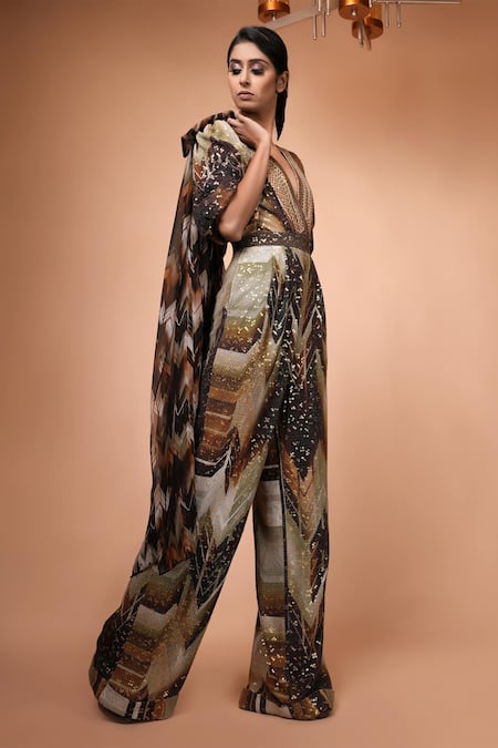 Nikita Mhaisalkar_Brown Organza Open Geometric Pattern Jacket_Online_at_Aza_Fashions